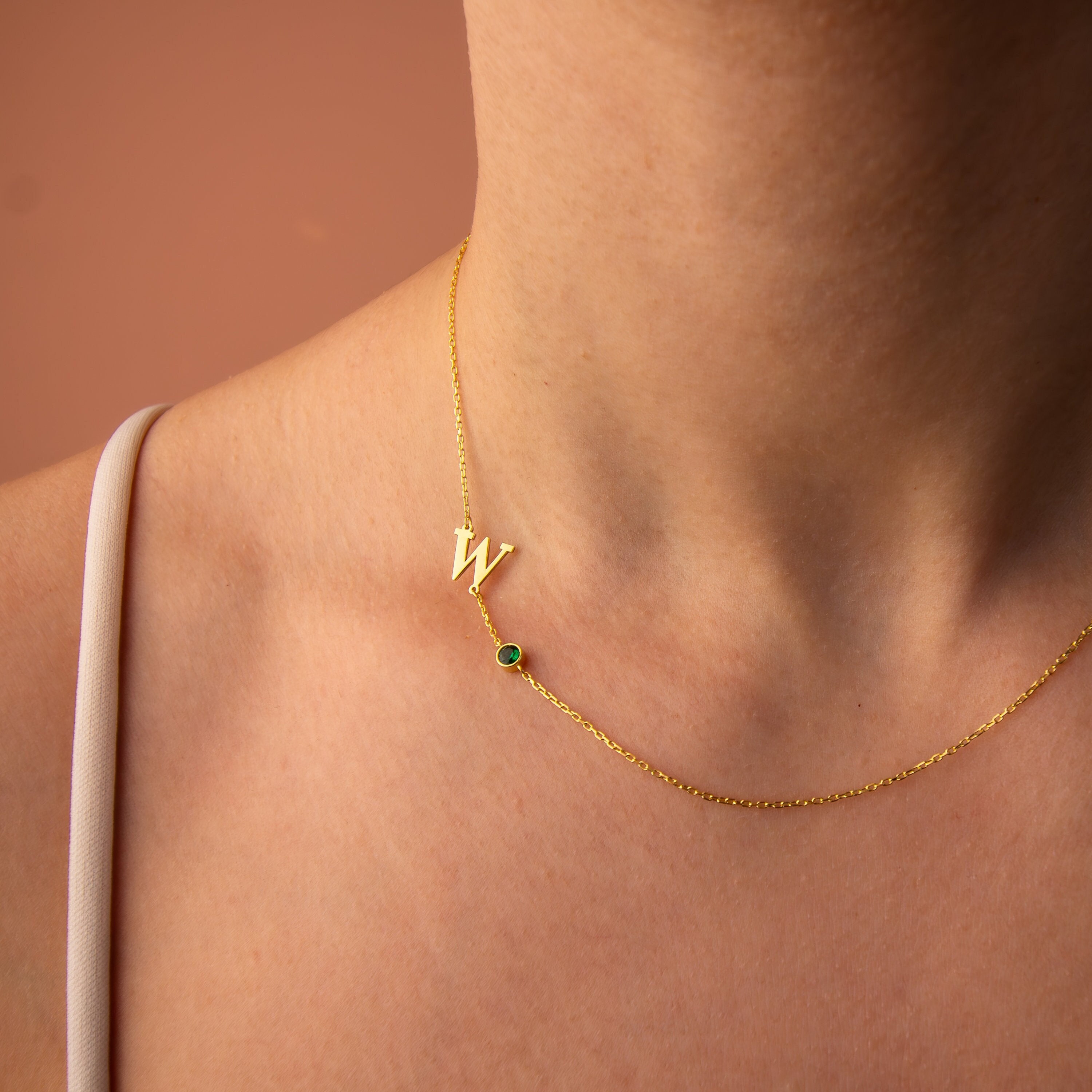 14K Gold Off-Center Initial Necklace with Birthstone, Sideways Letter Necklace, Anniversary Gift, Birthday Gift for Her, Mother's Day Gift