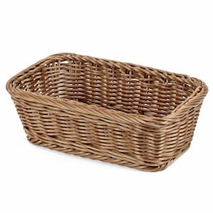 May include: A woven wicker basket with a rectangular shape. The basket is made of natural brown wicker and has a smooth, even weave.