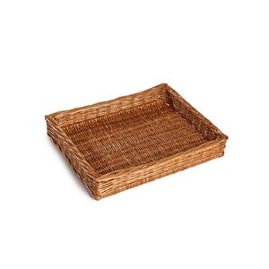 May include: A rectangular tray constructed from woven brown wicker. The tray features a flat base and low, straight sides with a consistent, interlaced pattern throughout the structure, showcasing the natural texture of the woven material.