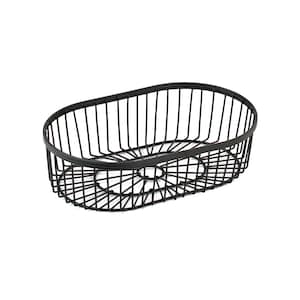 May include: A black metal oval-shaped wire basket. The basket is made of thin wire and has a simple design.