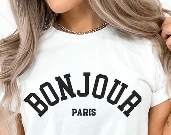 T-shirt Donna Con Stampa Bonjour E Strass – Manica Corta, Taglie 8-14 UK (M, L, XL) - 4