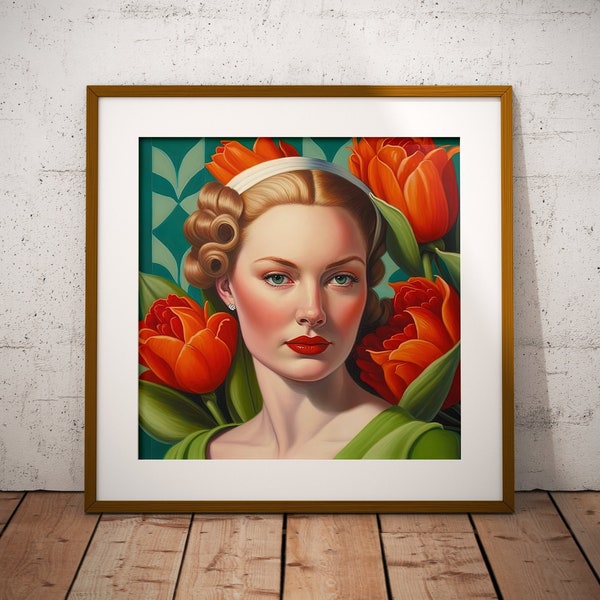 Beautiful Woman Portait Blonde Hair Green Eyes with Tulips Flowers Oil Painting Style Wall Art, INSTANT DOWNLOAD PRINTABLE girl Print Poster