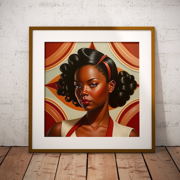 Black Woman Portrait Sixties Theme, Oil Painting Style Wall Art, INSTANT DOWNLOAD, PRINTABLE, African girl Female Portrait Print Poster