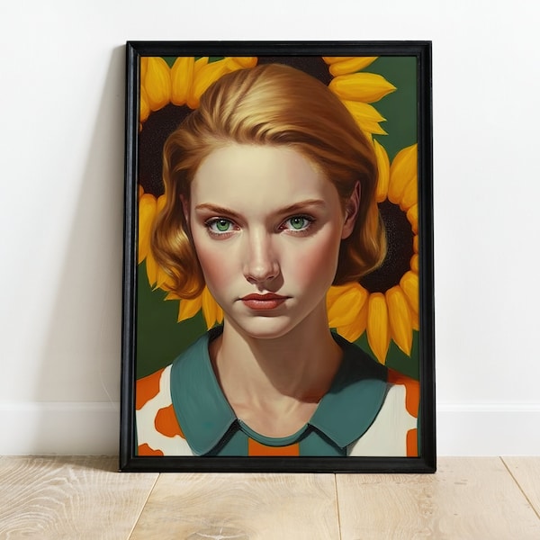 Portrait of a Young Blonde Woman with Sunflower in Her Hair, Oil Painting Style Wall Art, INSTANT DOWNLOAD, PRINTABLE, Girl Female Portrait