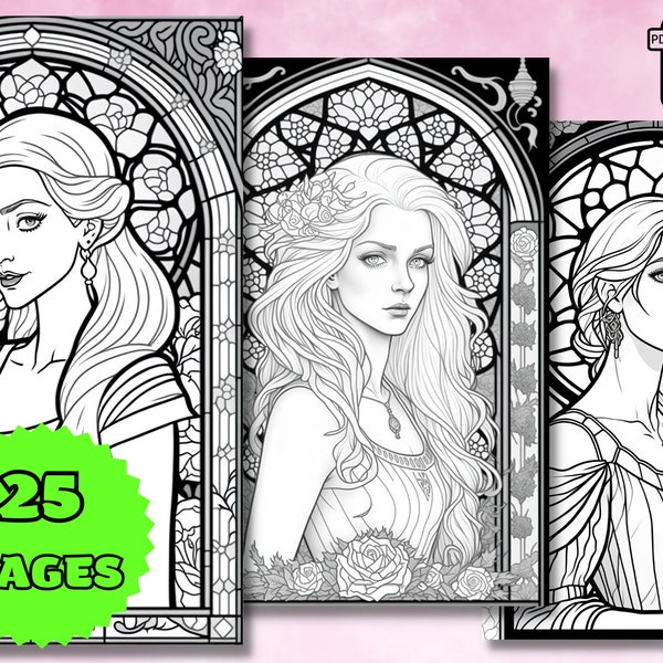 OFFER! 25 Beautiful Princesses on Stained Glass Coloring Pages for Adults Printable PDF Instant Download Unique Awesome Girls and Pattern