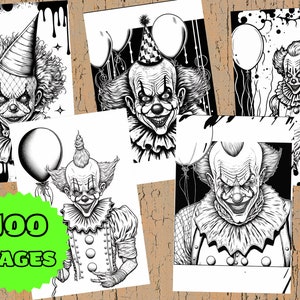 OFFER! 100 PAGES of Creepy Clowns Coloring Pages for Adult (PDF instant download, Adult Coloring Page) 100 Unique Horrific Coloring