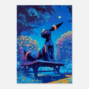 May include: A dark blue and black Pokemon character, known as Umbreon, sits on a wooden bench in a forest setting. The background is a vibrant blue and purple, with a full moon in the sky.