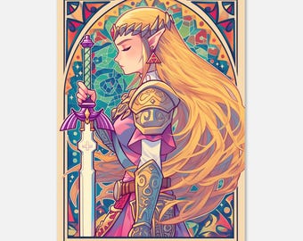 Legend of Zelda, Princess Zelda, Stained Glass Window Portrait, Printable Wall Art, Video Game Poster, Anime Poster, Ocarina of Time, Retro