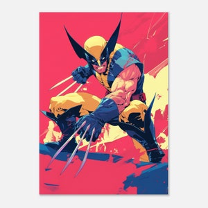 Può includere: Un'illustrazione digitale di Wolverine, un supereroe dei Marvel Comics. È raffigurato in una posa dinamica, con gli artigli estesi e un'espressione feroce sul viso. Lo sfondo è un rosso vibrante con schizzi di giallo e blu.