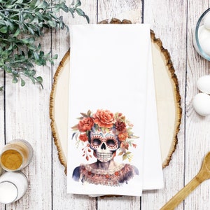 Floral Sugar Skull Tea Towel: Dias De Los Muertos Kitchen Decor