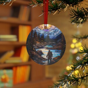 Stained Glass Effect Christmas Ornament: Forest Hiker Scene