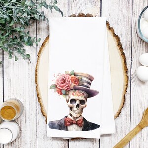 Fancy Floral Sugar Skull - Dias De Los Muertos Tea Towel - Watercolor Day of the Dead Print - Cotton Kitchen Linen - Festive Decor
