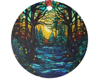 Christmas Forest Scene Stained Glass Effect Metal Ornament - Round Nature Inspired Decoration, Modern Christmas Tree Ornament