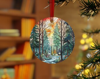 Metal Forest Scene Stained Glass Effect Metal Ornament - Round Nature Inspired Decoration, Modern Christmas Tree Ornament