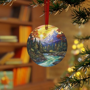 Stained Glass Art Mountain Scene Metal Ornament