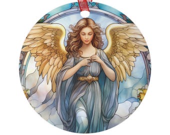 Stained Glass Angel Purple Ornament - Round Metal Christmas Decoration, Elegant Holiday Decor, Unique Handcrafted Gift