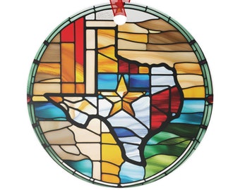Texas Stained Glass Effect Metal Ornament, Merry Texmas Printed Texas Design, Decorative Round Souvenir, Texan Home Decor, Unique Gift