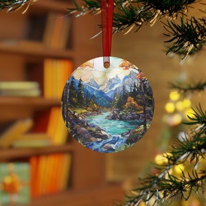 Stained Glass Art Mountain Ornament: Wilderness Scene Metal Print