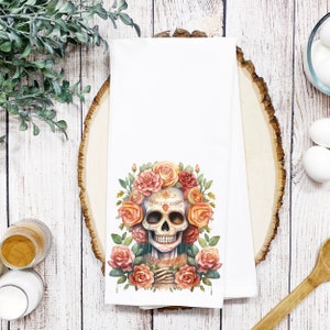 Dias De Los Muertos Tea Towel: Watercolor Sugar Skull Kitchen Decor