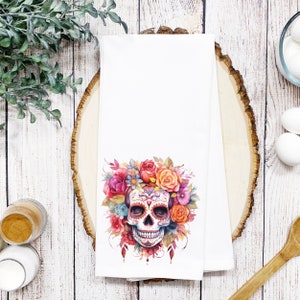 Floral Sugar Skull - Dias De Los Muertos Tea Towel - Watercolor Day of the Dead Print - Cotton Kitchen Linen - Festive Decor