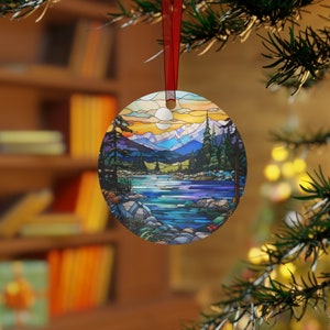 Stained Glass Art Mountain Scene Metal Ornament