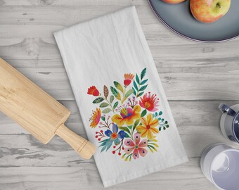Small Fiesta Blossom Watercolor Floral Flour Sack Tea Towel - Cotton Kitchen Towel with Vibrant Flower Print -Home Decor & Gifts Tea Towel