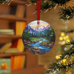 Stained Glass Art Mountain Scene Metal Ornament
