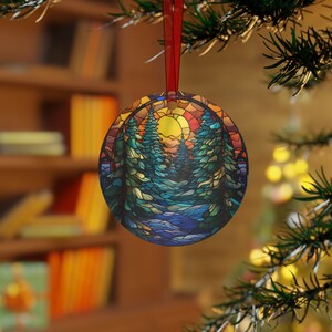 Stained Glass Effect Forest Scene Metal Christmas Ornament