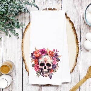 Floral Pink, orange and purple Sugar Skull - Dias De Los Muertos Tea Towel - Watercolor Day of the Dead Print -Kitchen Linen - Festive Decor