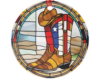 Texas Cowboy Boots Stained Glass Effect Metal Ornament, Merry Texmas 2025, Texas Design, Decorative Souvenir, Texan Home Decor, Unique Gift
