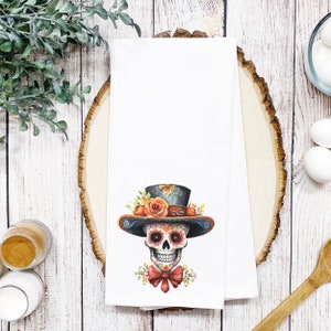Sugar Skull Tea Towel: Dias De Los Muertos Watercolor Print Kitchen Linen