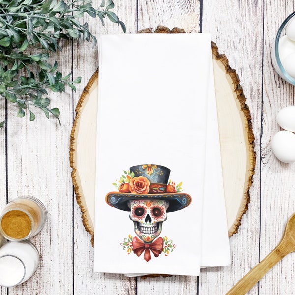 Hat and Bow Tie Sugar Skull - Dias De Los Muertos Tea Towel - Watercolor Day of the Dead Print -Kitchen Linen - Festive Decor