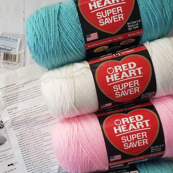 Red Heart Super Saver Yarn, Soft White, Petal Pink, Aruba Sea yarn #4 100% Acrylic