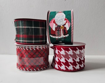 Christmas Ribbon 2.5" wire ribbon, 20 feet Christmas collection, santa, plaid ribbon gifts, diy wreaths, bow making ribbon