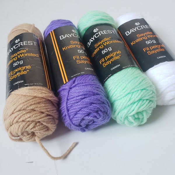 Baycrest Sayelle Knitted Worsted, acrylic, 50gr., brown, purple, mint green, white yarn, discontinued