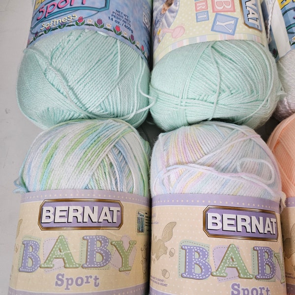 Bernat Baby Sport Yarn, Mint, White, Peach, Prints, Yellow, Blue, 400 / 350 / 200 grams - 100% Acrylic Yarn