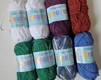 Mary Maxim Scrub it Yarn, 50g cotton, dishcloth yarn, scrubby yarn, plum, green, cinnamon, white, garden, fringe DUTY & TARIFF in shipping