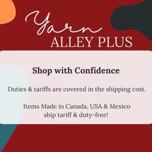 The image is a promotional graphic for Yarn Alley Plus, featuring a red background with abstract shapes and text.