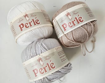 Lady Fair Perlé yarn, Eaton's Lady Fair, Vintage Perle,  100% acrylic, 50 grams, light grey, white, beige, discontinued DUTY FREE to USA