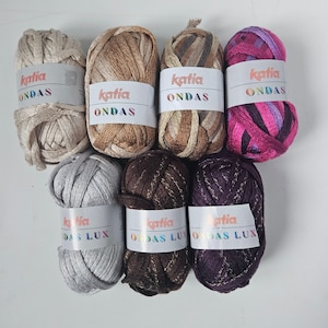 Katia Ondas, Ondas Lux yarn, acrylic, polyester, 100 grams, Net mesh yarn, brown gold, tan, silver, purple, pink, greens, plum, ruffle