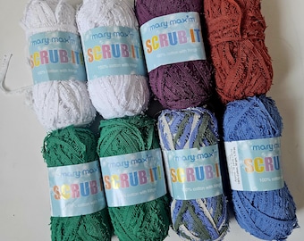 Mary Maxim Scrub it Yarn, 50g cotton, dishcloth yarn, scrubby yarn, plum, green, cinnamon, white, blue, garden, scrubby fringe, discontinued