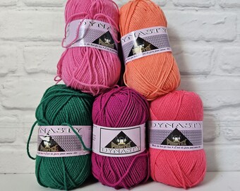 Dynasty Phentex yarn, 100% acrylic, 100gr, rosella, bonfire, hot fuchsia, poster pink, green, worsted discontinued yarn. DUTY FREE to USA