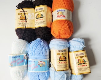 Vintage Patons Beehive Astra Yarn BUNDLE, Discontinued 100% Acrylic Sport Weight Yarn, Blue Brown Orange