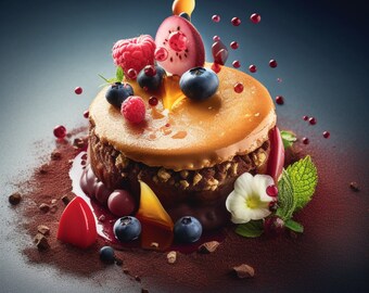 May include: A close-up of a decadent dessert with a caramel topping, fresh berries, and a sprinkle of cocoa powder. The dessert is titled "Decadent Desserts" and is by "Alexander Luther".