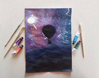 Hot air balloon under the stars acrylic original painting from the seria under the stars