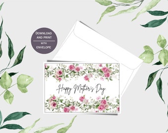 Moederdag afdrukbare kaart met envelop, 4x6", roze bloemenkaart, Instant Downloadkaart, digitale downloadkaart voor Moederdag, PDF