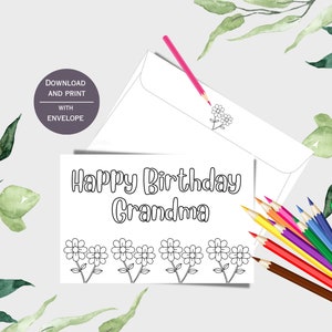 Kleurbare verjaardagskaart voor oma, kinderkleurkaart voor oma, kleurkaart met envelop, download- en printkaart, verjaardagskaart