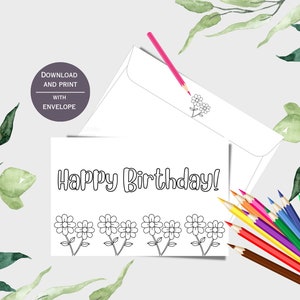 Coloring Birthday Card, Printable Colorable Birthday Card, Handmade Birthday Card, Download and Print Card with Envelope, Coloring Birthday