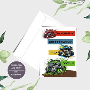 Anniversaire enfant imprimable Monster Truck, 5 x 7" carte avec enveloppe, carte d'anniversaire Monster Jam, fossoyeur, fête d'anniversaire Monster Truck, PDF