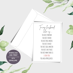 À mon mari carte, carte de remerciement de mari, carte de meilleur mari, meilleur père de tous les temps, carte de femme, remerciement pour mariage, téléchargement immédiat 5 x 7